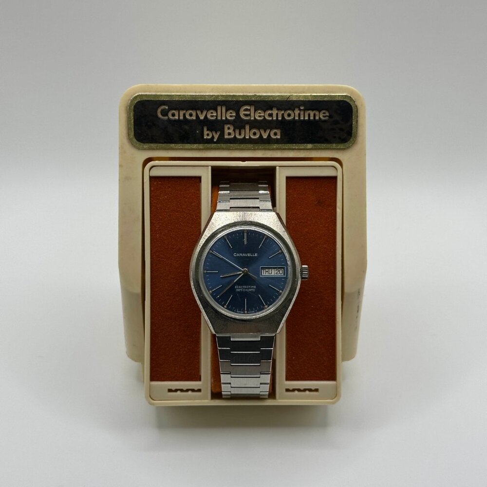 Vintage Caravelle Bulova Electrotime Blue Dial Setomatic Day Date Watch Mens